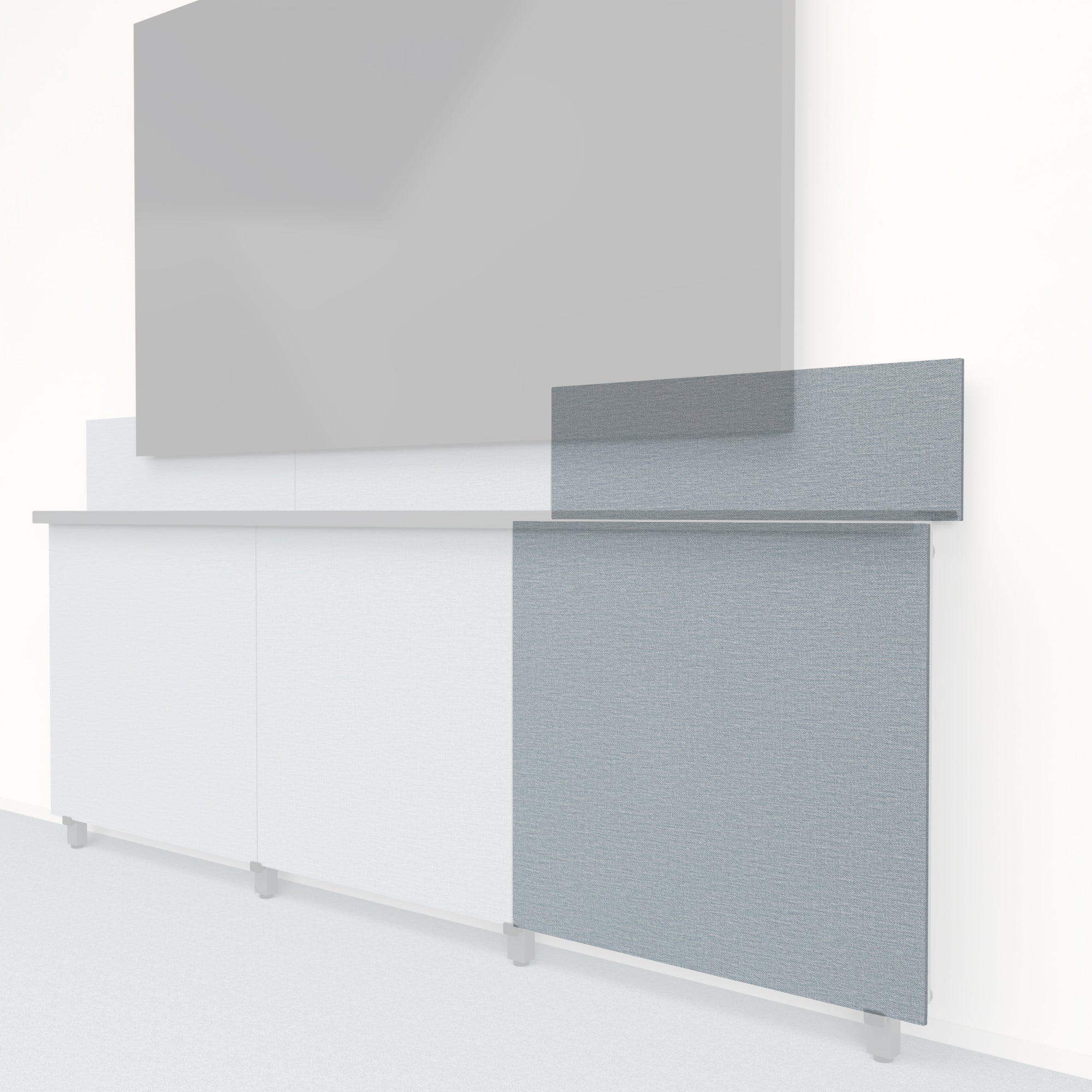 Heckler Framework Tall Outer Panel & Backsplash in Blue Maharam textile — modular textile-wrapped muted blue AV wall panel for the Heckler Framework system.