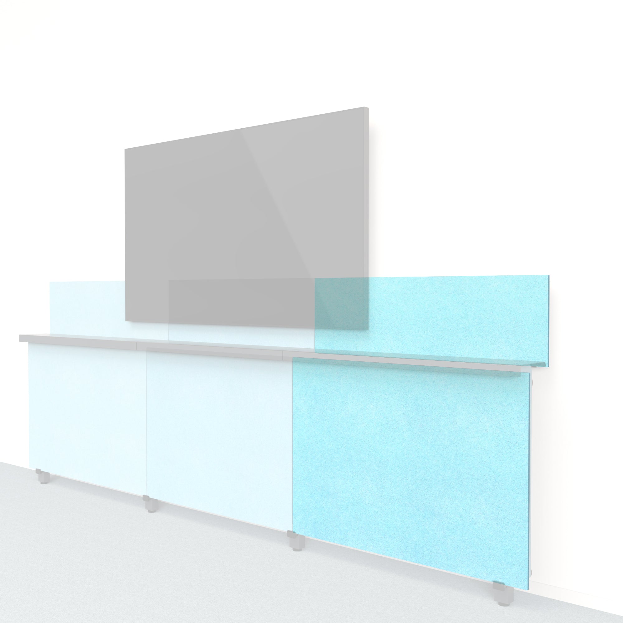 Heckler Framework Short Outer Panel & Backsplash in Baby Blue Felt Right — modular pale baby blue PET felt AV wall panel for the Heckler Framework system.