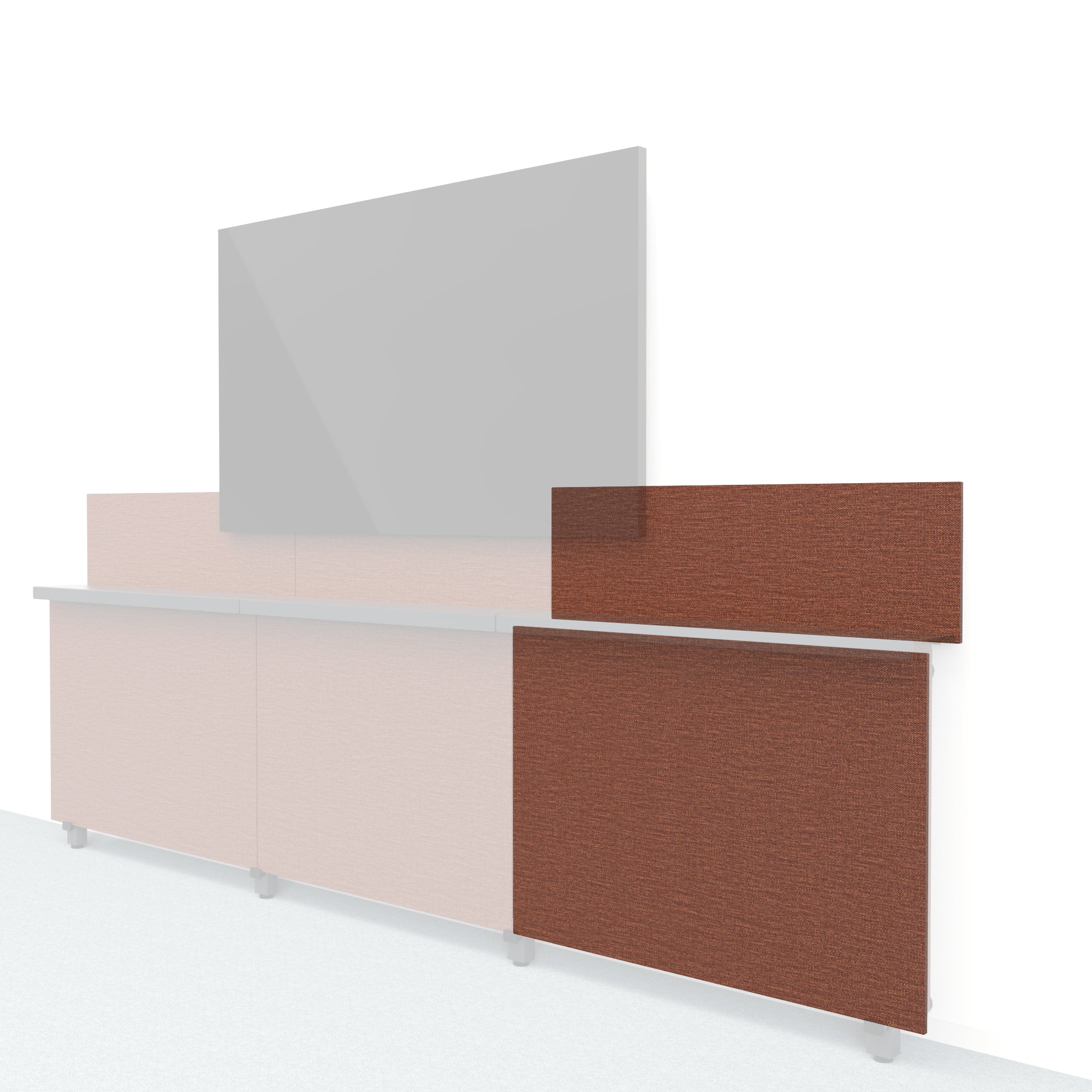 Heckler Framework Short Outer Panel & Backsplash in Shino Maharam textile — modular textile-wrapped warm oatmeal AV wall panel for the Heckler Framework system.