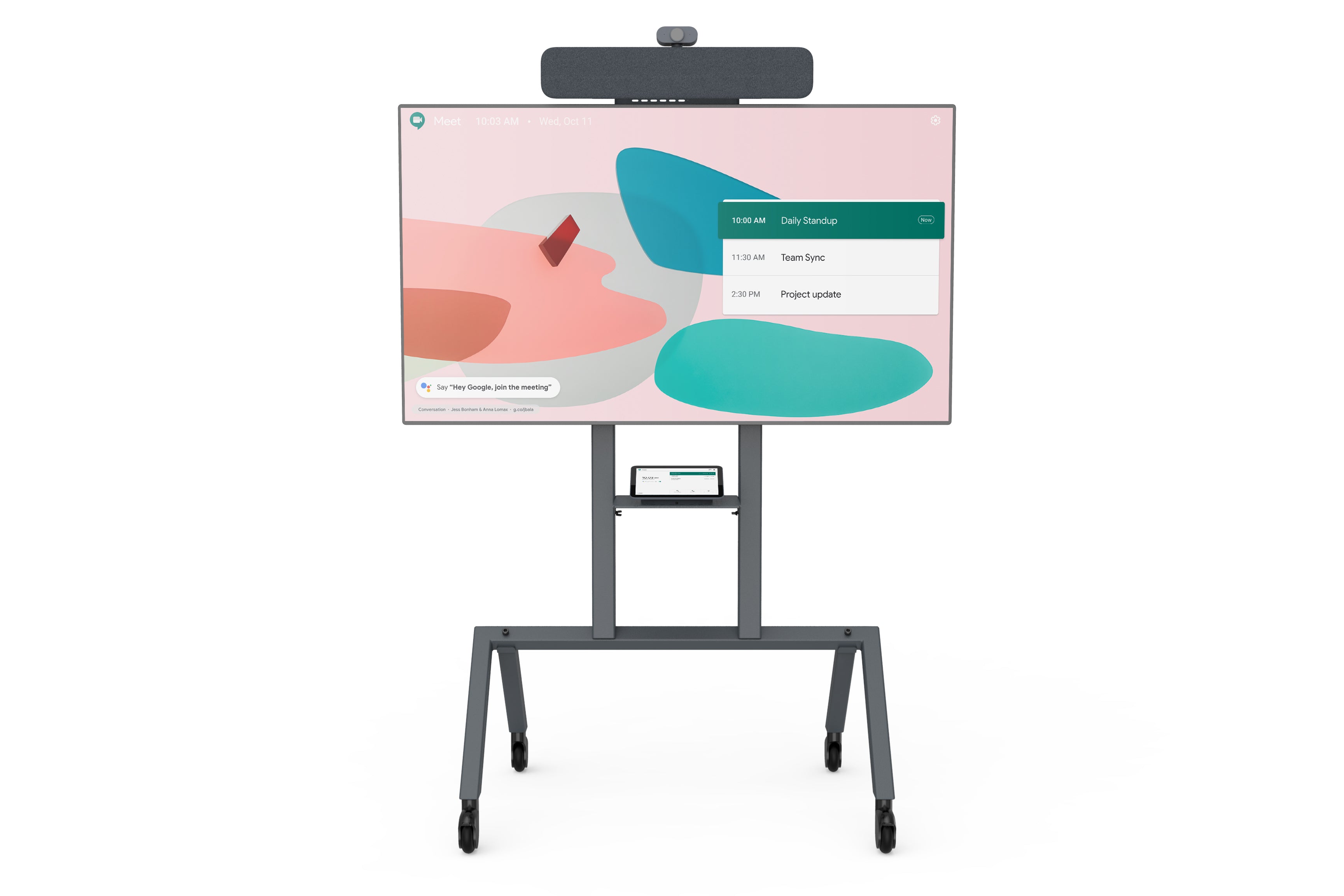Heckler AV Cart for Google Meet Series One Room Kits with screen visible.
