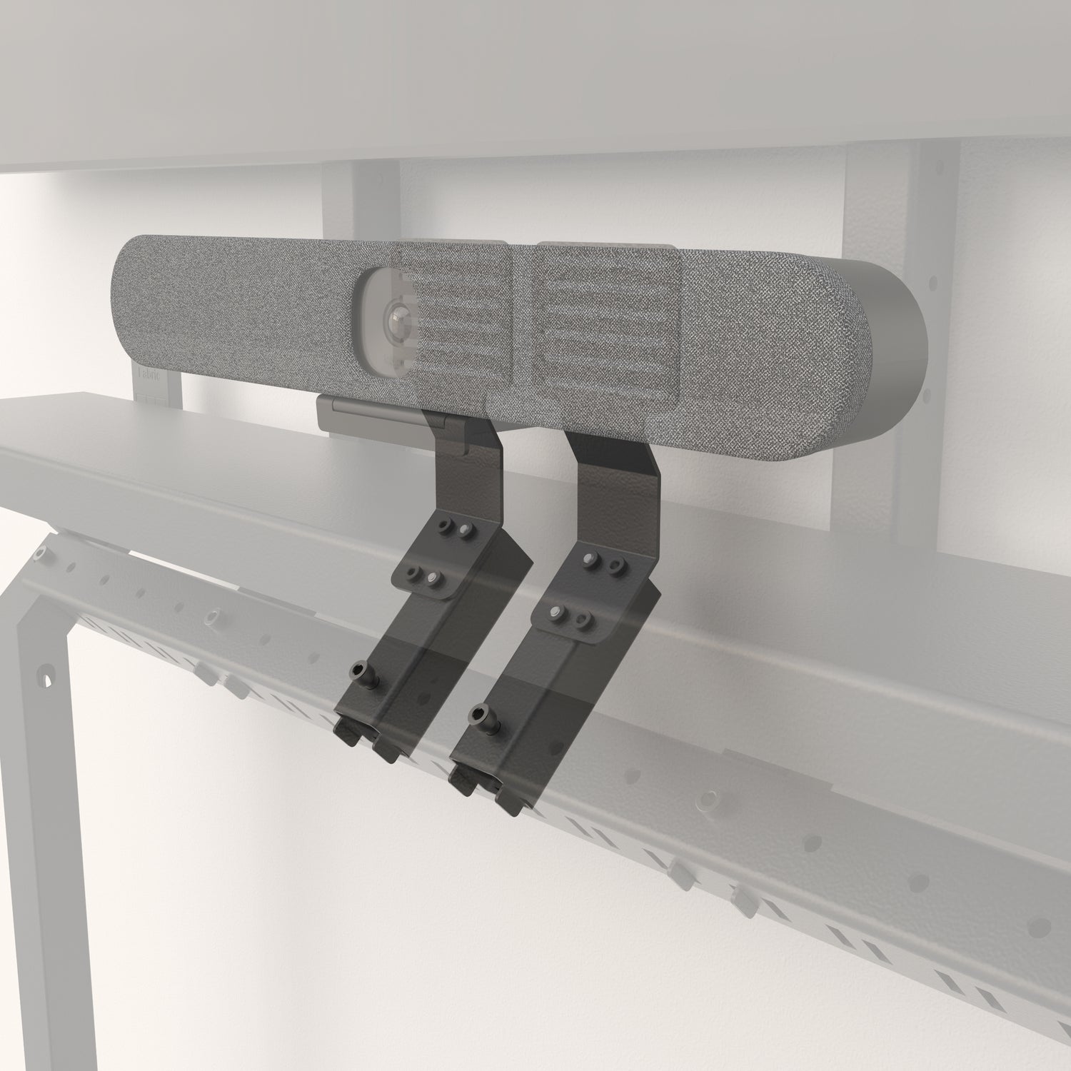 Camera mount brackets behind a fabric video bar.