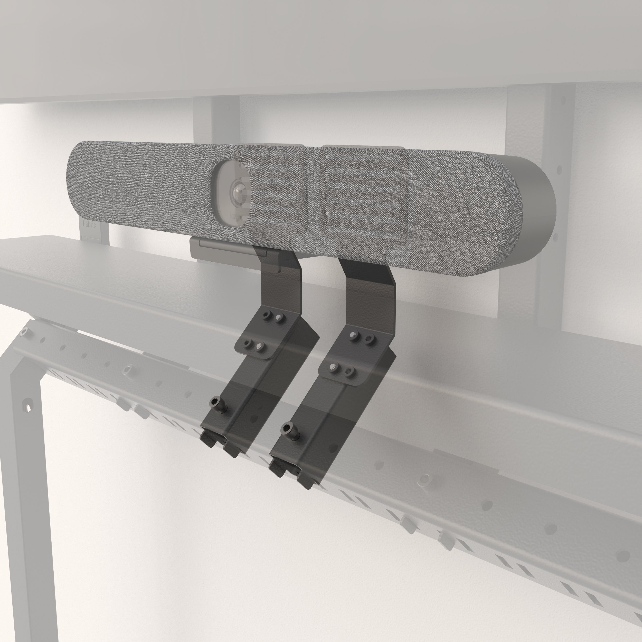 Camera mount brackets behind a fabric video bar.