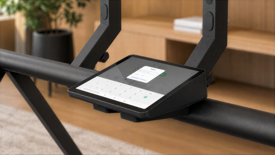 Logitech Tap Shelf for Heckler Mobile Fleet installed on a mobile display stand.