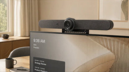 Cart Mount for Logitech Rally Bar installed on an AV cart.