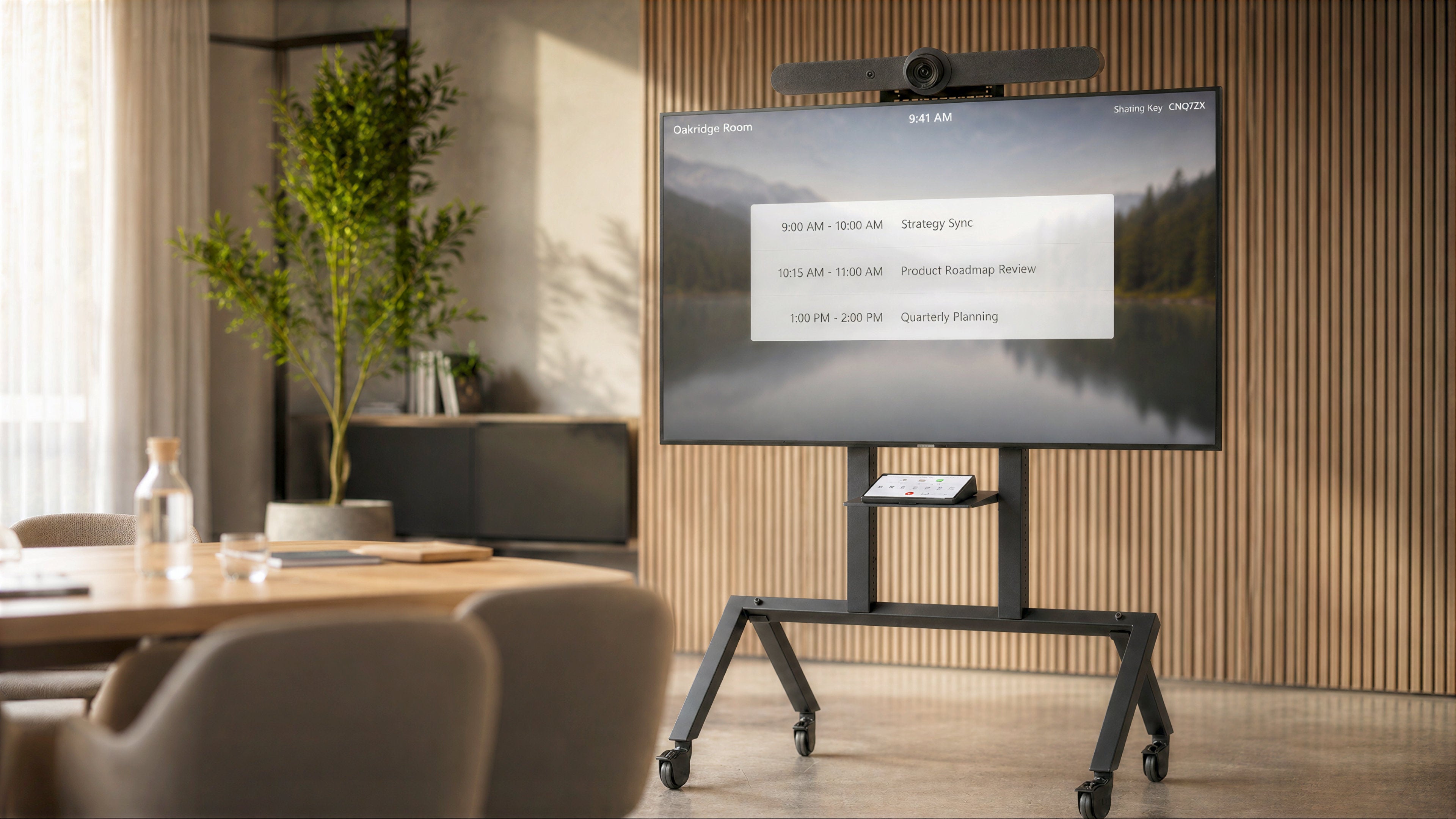 Heckler AV Cart for Logitech Rally Bar in a meeting space.