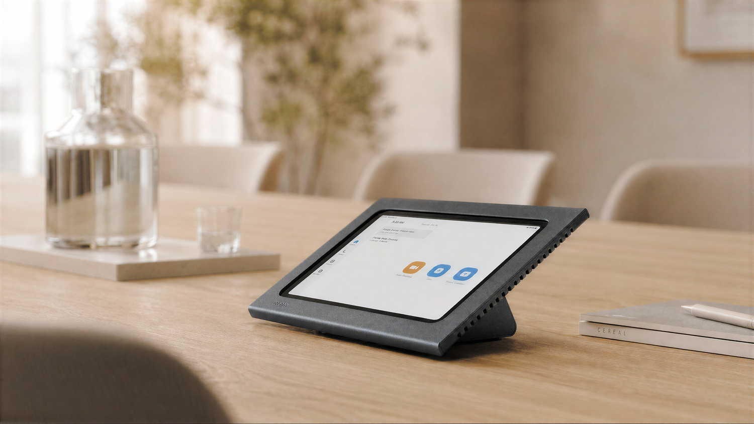Zoom Rooms Console for iPad 10th and 11th Generation installed on a table.