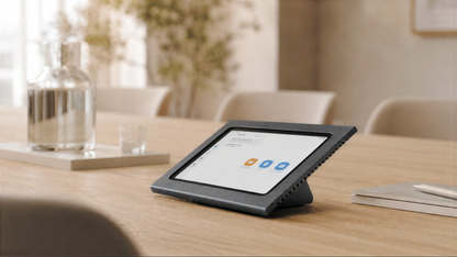 Zoom Rooms Console for iPad 10th and 11th Generation installed on a table.