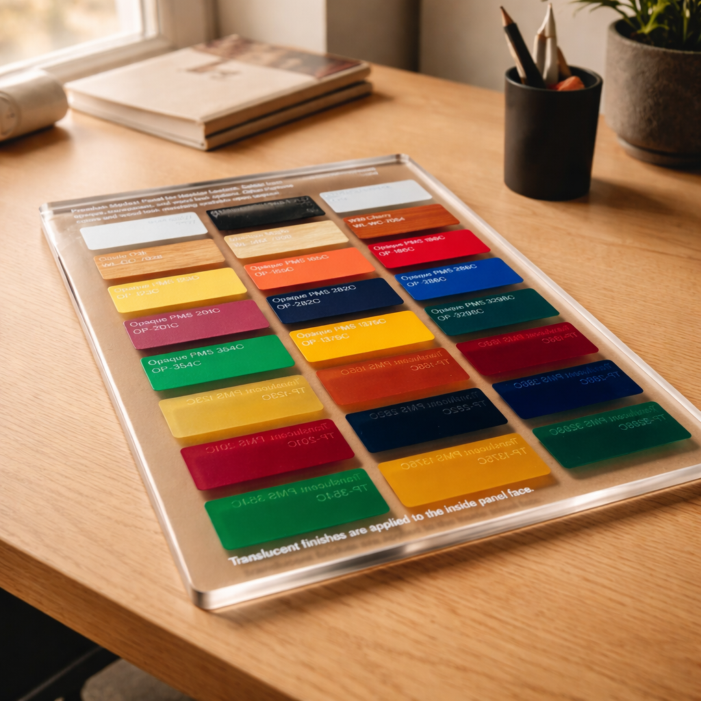 Heckler Premium Modesty Panel Swatch Kit — cast acrylic finish samples showing frosted, opaque, woodgrain, and translucent options with halo edge detail